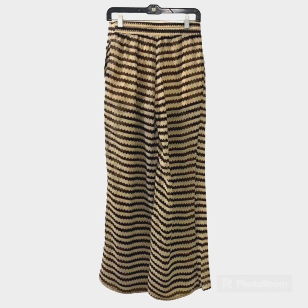 CALS Womens M Brown Cream Geometric Stripe Sheer Lined Wide Leg Palazzo Pants